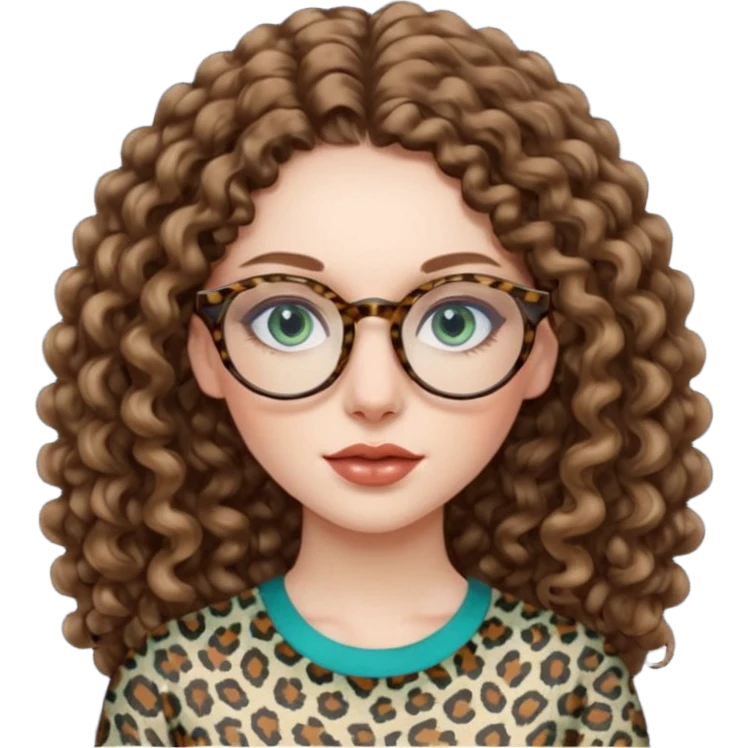 a blue green eyed woman with very long brunette curly hair, full lips,and pale skin. She is wearing a leopard printed thin round-ish glasses . She is wearing a brown top. emoji