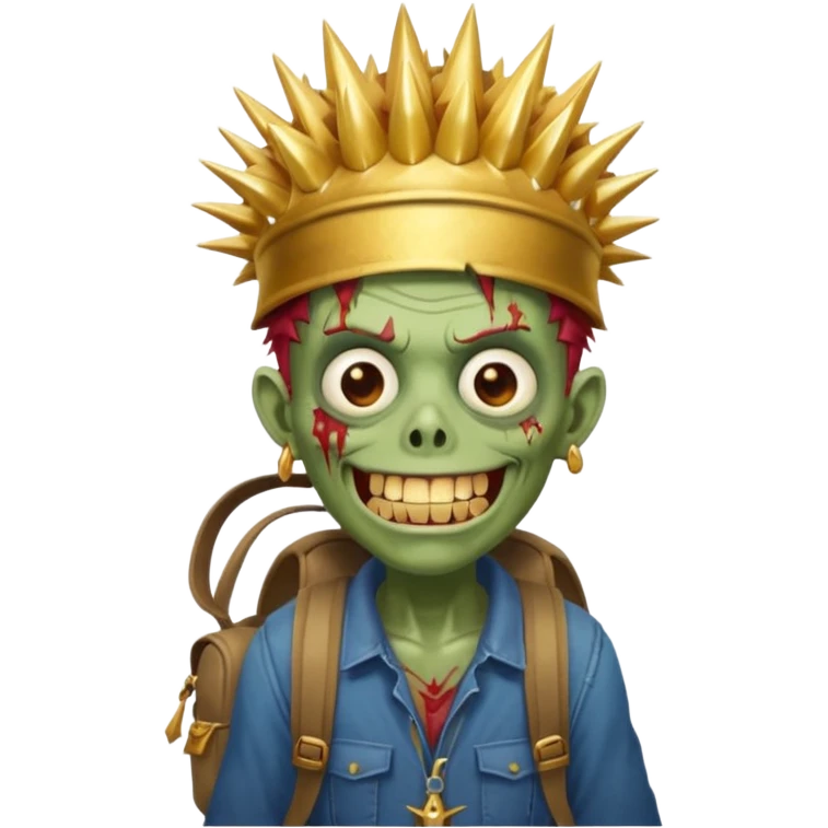 Zombie portrait with spikey hair, smirking with gold teeth, Astor’s hat, and a backpack emoji