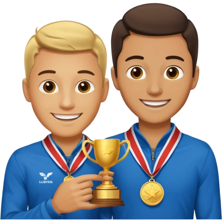 winner ceremony with one guy handing another guy a trophy. One of them having a medal around his neck. the other not emoji
