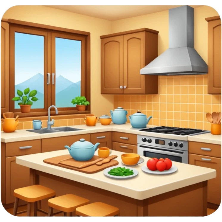 A cozy home kitchen in clean emoji-style illustration. Warm colors, simple shapes, homemade dishes on the counter, friendly atmosphere, flat design, high contrast, clear outlines. emoji