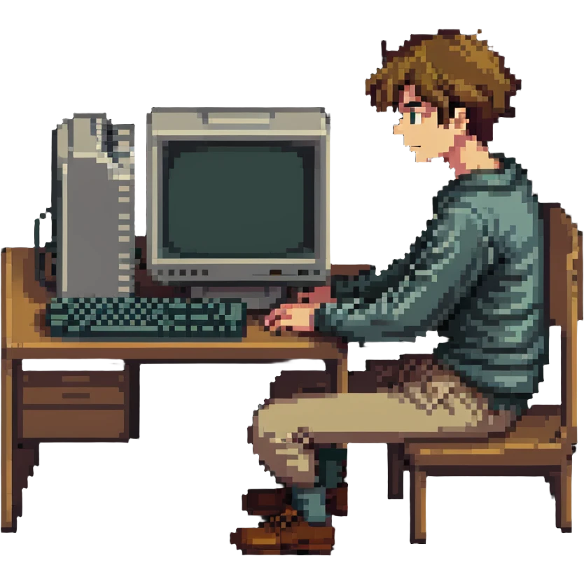 Young man sitting at an old school desktop computer with large monitor and keyboard emoji
