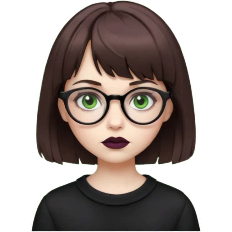 girl that has brown shaggy cut hair with baby bangs, has green eyes and wears glasses, she is goth  emoji