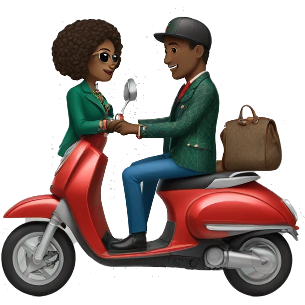 a woman and a man wearing gucci clothes on a e scooter emoji