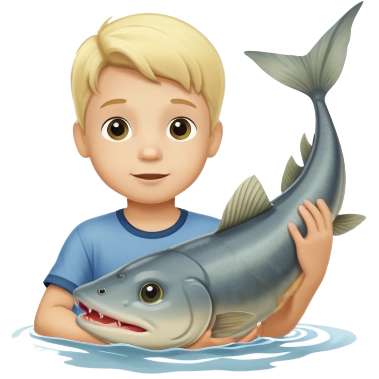 4 year old blonde boy catching a giant catfish emoji
