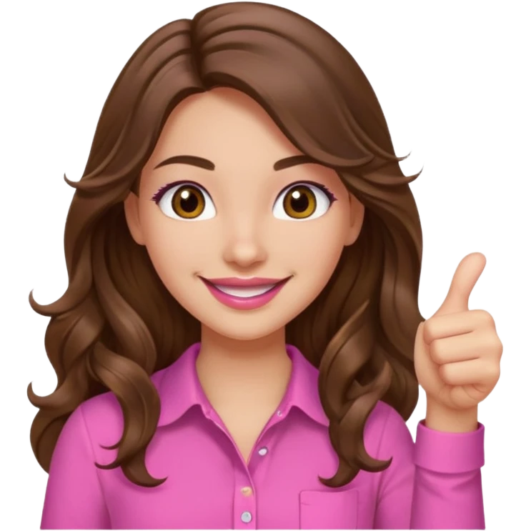 girl with long wavy brown hair, brown eyes, light to medium complexion, in a pink shirt, pink lips, long lashes, thumbs up emoji