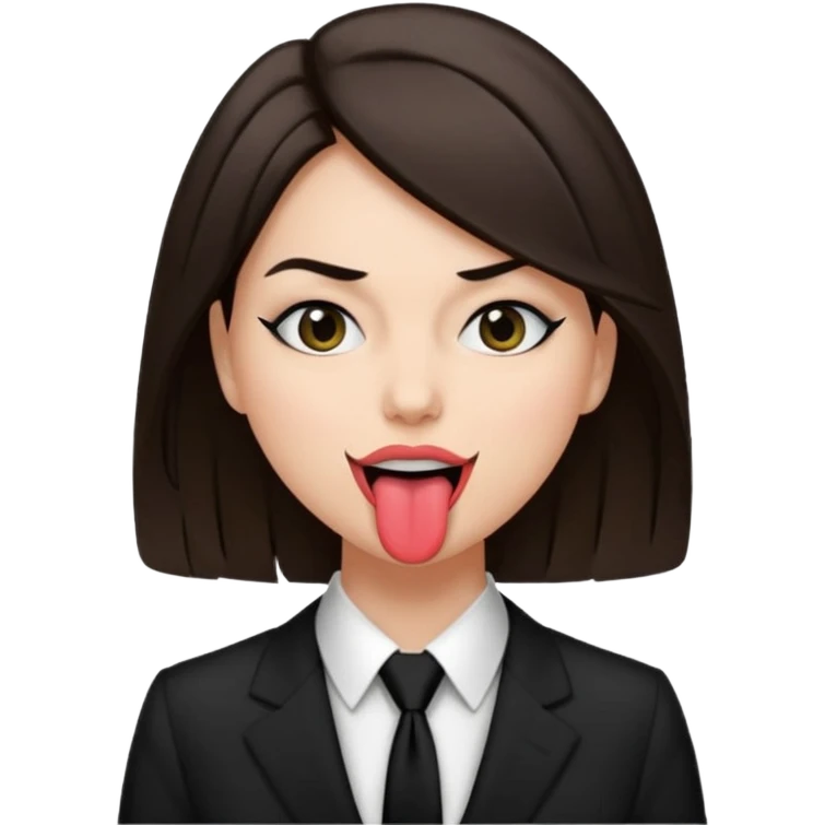 woman with dark brown hair wearing black tie over eyes with tongue out emoji