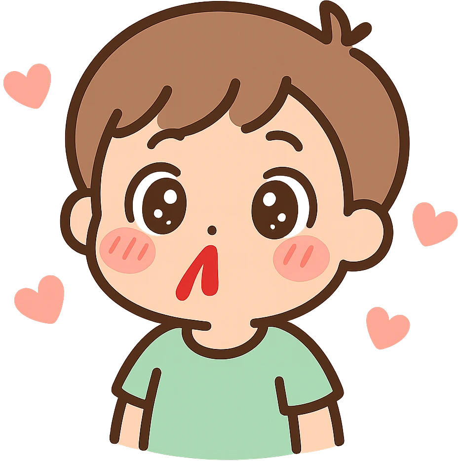 anime-style emoji of a surprised cartoon boy with wide eyes, nosebleed, blushing, hearts floating around emoji