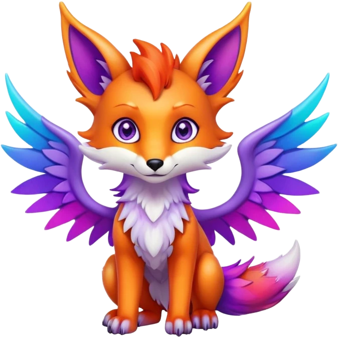 Cartoon Fox dragon hybrid purple eyes with wings face front full body rainbow colored emoji