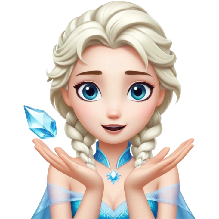 Cinematic Playful Elsa Portrait Emoji, Blowing frost from her hands in a dazzling display, eyes filled with mischief, exuding a magical charm that is both fun and enchanting! emoji