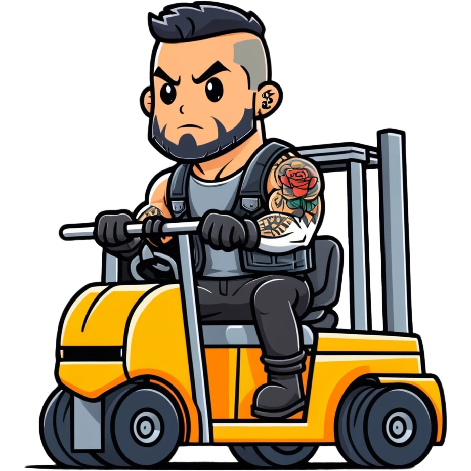 Biker dude with face tattoo on forklift emoji