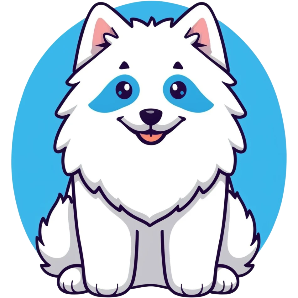 fluffy white Samoyed dog with blue eyes, smiling emoji