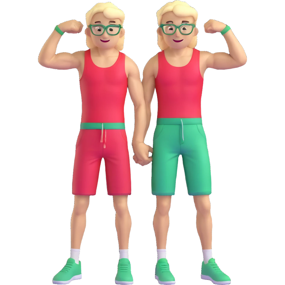 Scrawny thin man with black and white cap, skinny bare torso, red shorts, clear glasses, messy light blond mullet hairstyle, smiling and flexing small muscles emoji