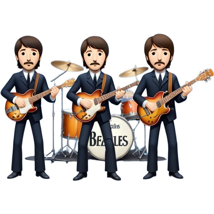 Rock music icon: The Beatles performing live on stage. John Lennon with guitar, Paul McCartney with bass, George Harrison with guitar, Ringo Starr on drums. Bright lights, energetic performance. Transparent background. emoji