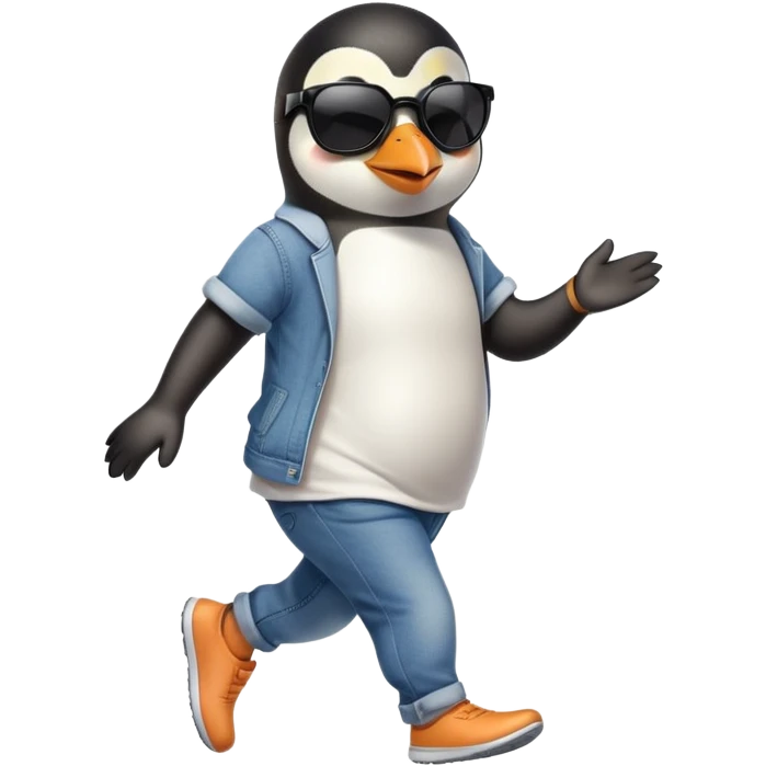 friendly anthropomorphised penguin in jeans and a t-shirt, wearing dark sunglasses, jogging upright, standard pose emoji