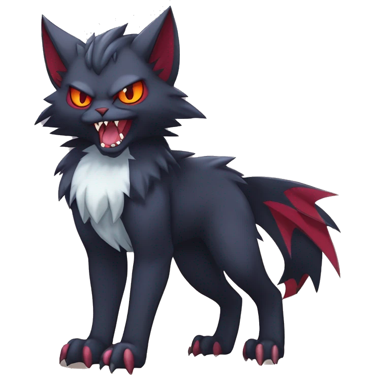   cool edgy beautiful fantasy anime-style dark animal vampiric Litten-Zoroark-Nargacuga-cat-hybrid Fakemon with big fangs and bat-ears full body emoji