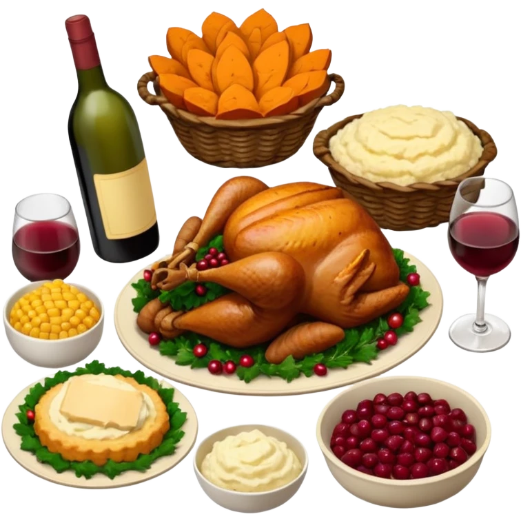 Thanksgiving Dinner with 6 friends of all different races around the table; have the food be a cooked turkey, mashed potatoes, corn, a basket of biscuits, a small bowl of cranberry sauce, baked yams, steamed vegetables, and a bottle of wine. emoji