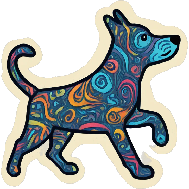Abstract quirky funky made of different shapes dog running and squiggles linocut multicoloured illustrations  emoji