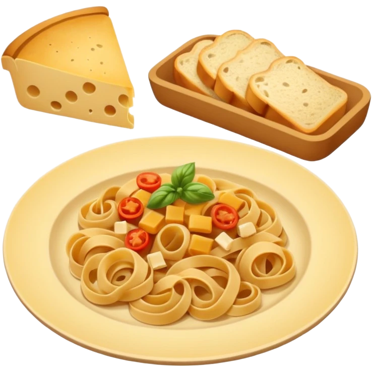 European cuisine humanless avatar in modern emoji-style illustration. Plate with pasta and bread, neutral warm colors, simple shapes, flat design, elegant and friendly. emoji