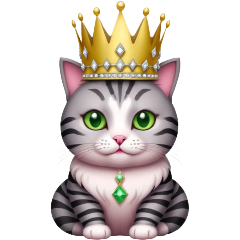 Gatito gris oscura con rayas negras ojos verdes vestida de reina con coronas y diamantes, más peluda y gordita  emoji