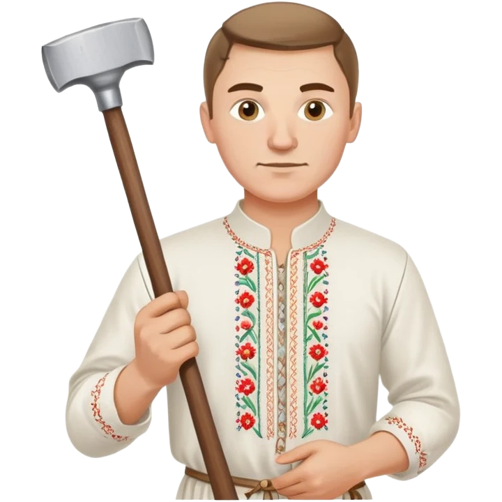 Ukrainian man wearing traditional white embroidered shirt (vyshyvanka) holding a hammer in one hand and a kitchen ladle in the other hand emoji
