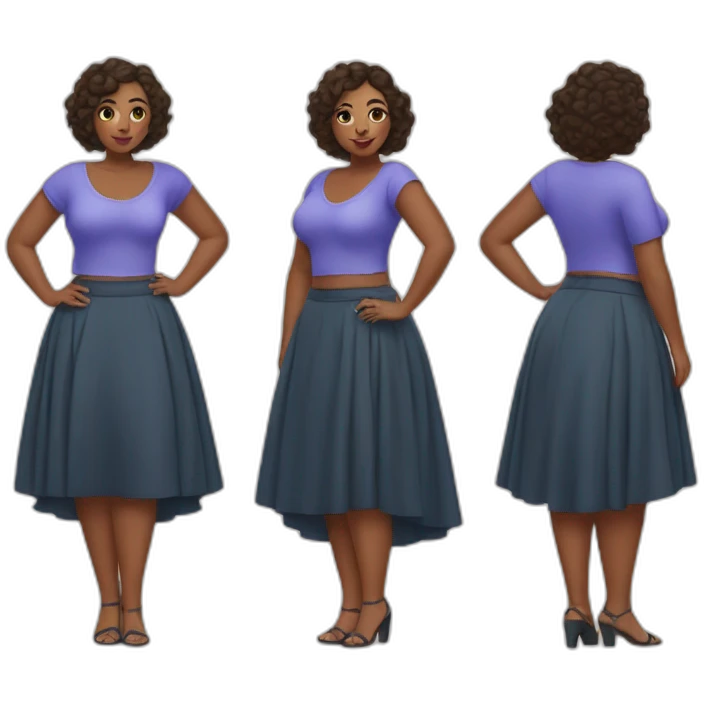 full-body-curvy-beauty-in-a-short wide skirt as three-view drawings emoji