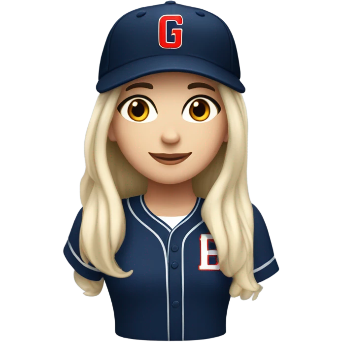 White girl with black long hair who wearing navy ballcap emblazoned with a red G initial and wearing baseball uniform emoji