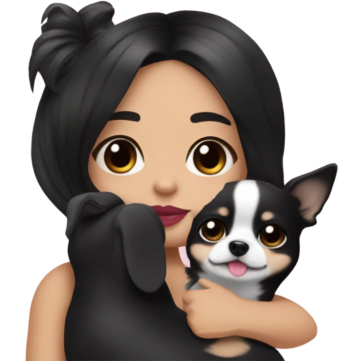 Thick medium black hair with black eyes and pink lip and pink cheek Filipino lady hugging black and white Chihuahua  emoji
