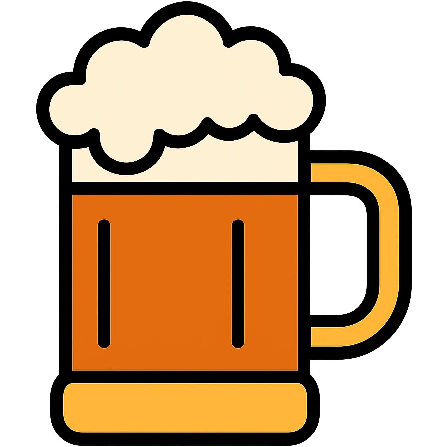 A beer mug with frothy foam, amber liquid, pint glass with handle emoji