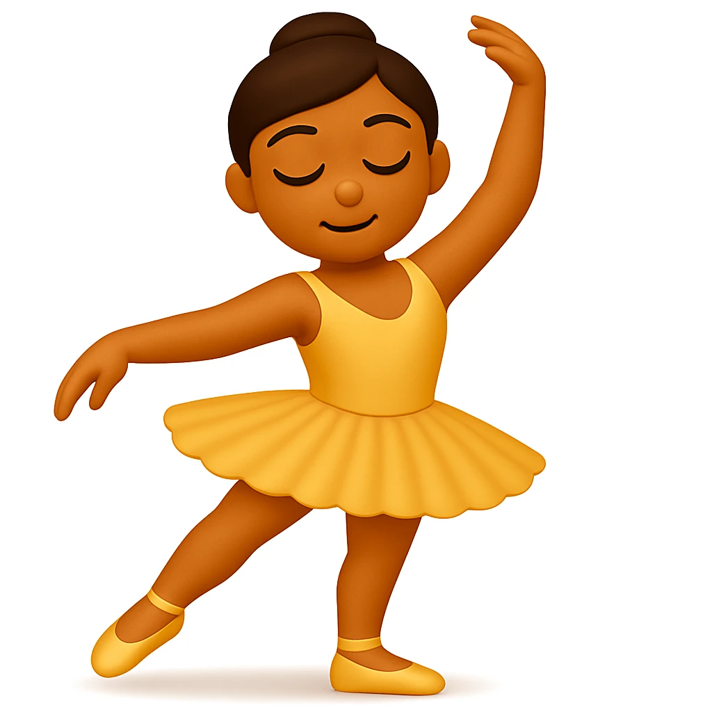 Keep the image just like the reference but show the ballerina's full legs in the style of iOS emoji. Same pose, yellow tutu, elegant, smooth, and shiny. Add a soft shadow under the feet. emoji