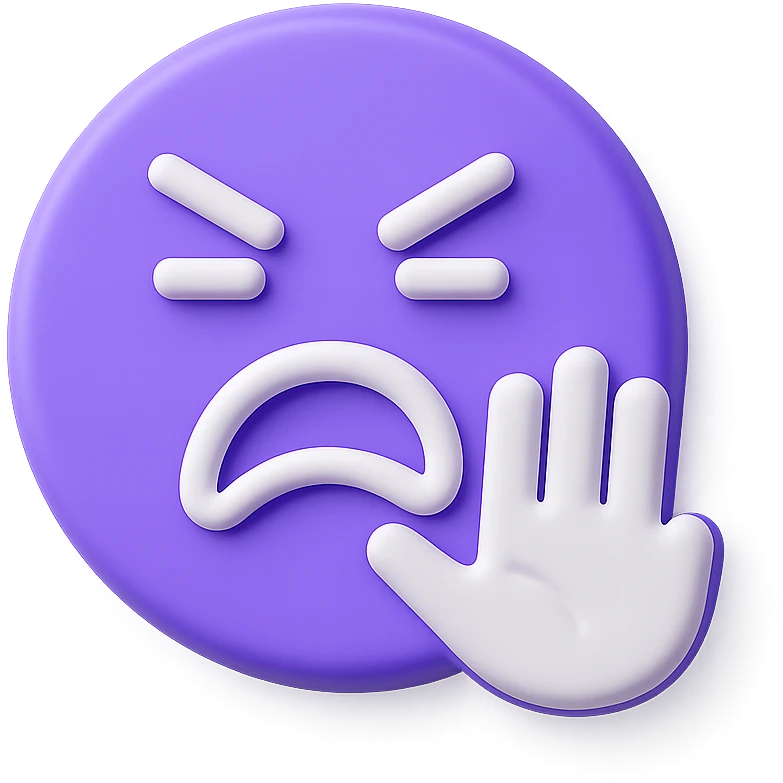 Create a 3D purple sticker with a disgusted and protesting expression, transparent background. emoji