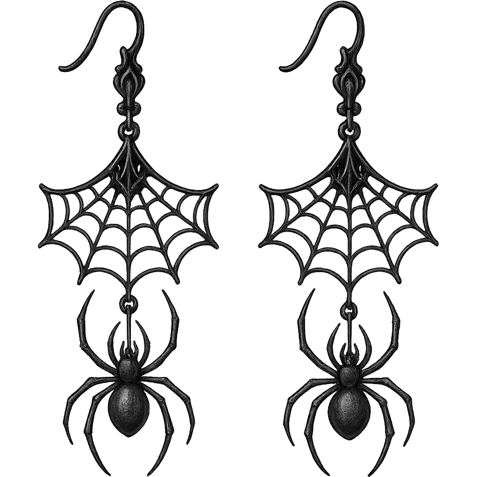 goth earrings, spider dangling from web, intricate gothic style emoji