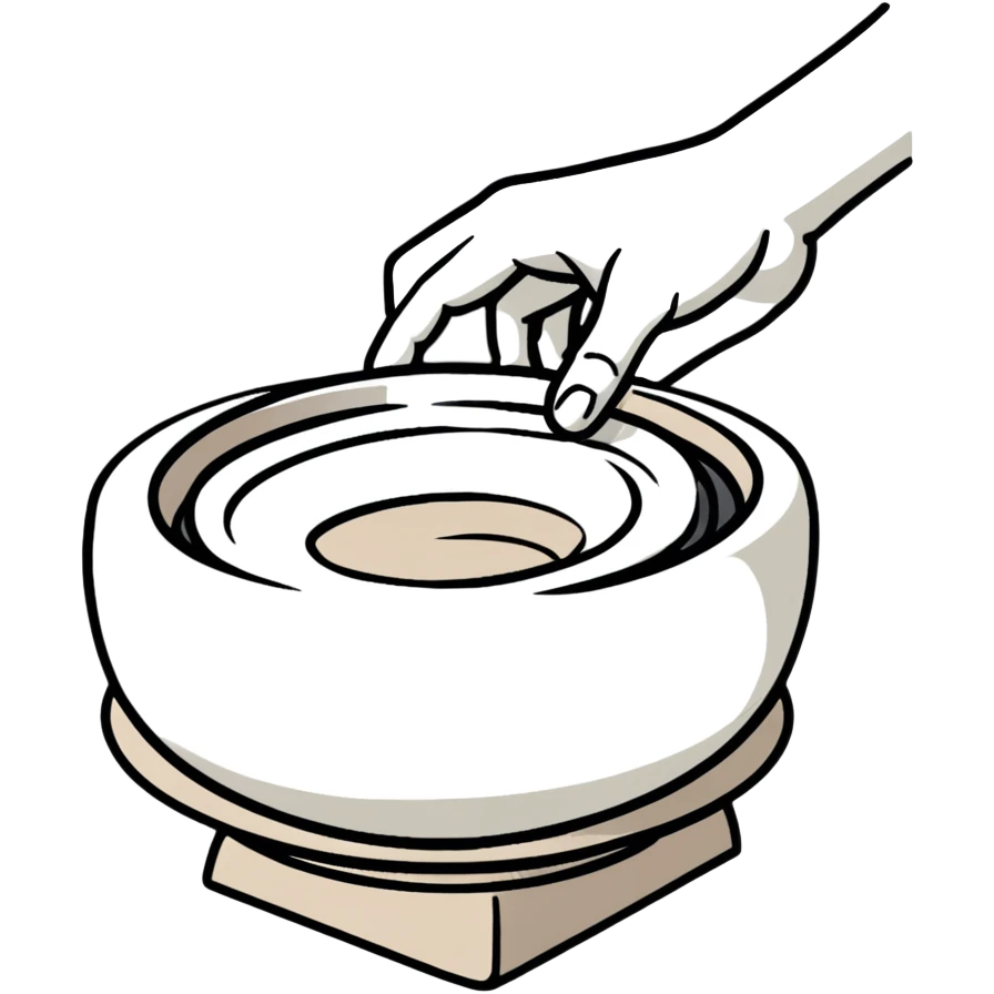 thumb pressing side of clay down onto a silver pottery wheel, thumb at the bottom of the clay, pottery gesture emoji