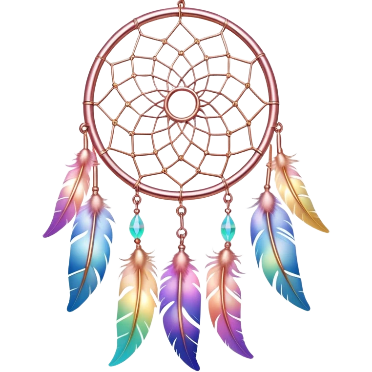 Iridescent pastel rainbow colorful transparent bright light luminescent dream-catcher hanging from an iridescent chain, rose-gold-metal  emoji