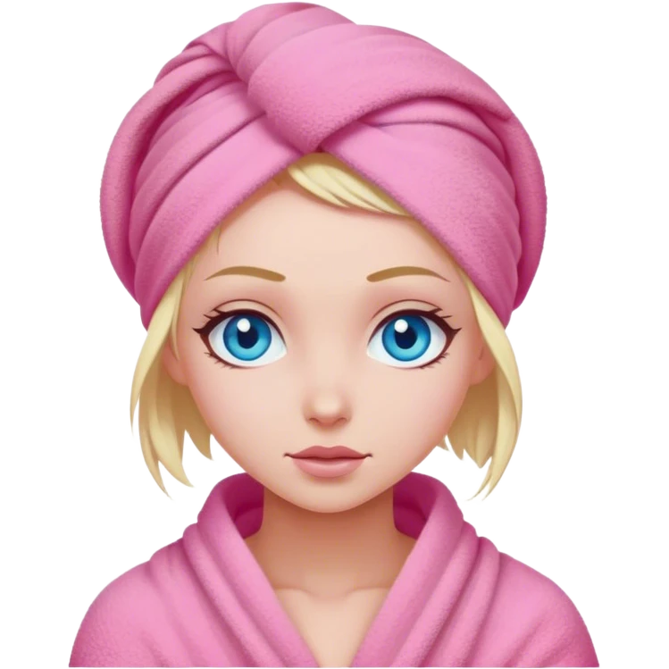 A cinematic realistic girl with blue eyes, with her hair wrapped in a pink towel emoji