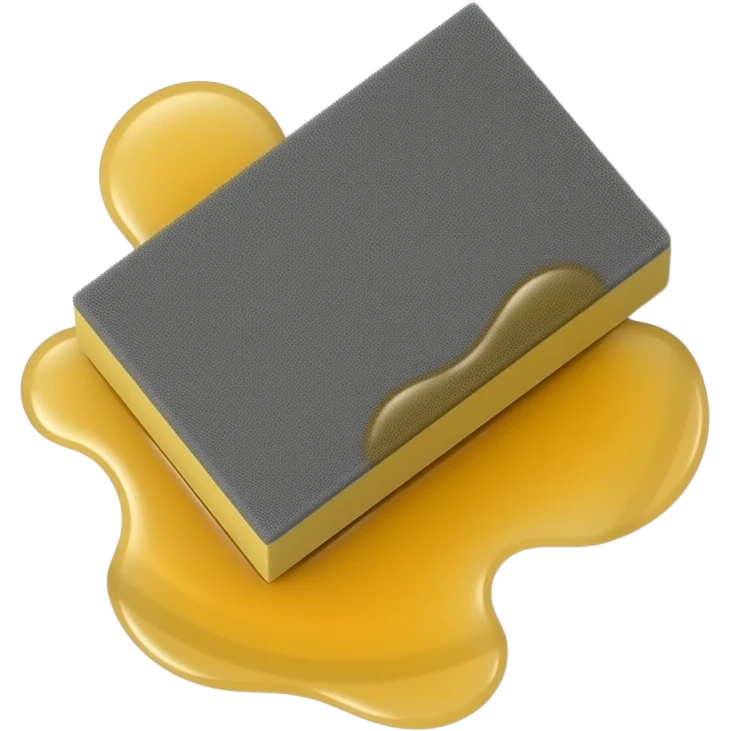 A gray mesh sponge scrubbing greasy oil off a dish, slippery oil being removed, clean shiny surface appearing, emoji style, simple, bright, minimal background emoji