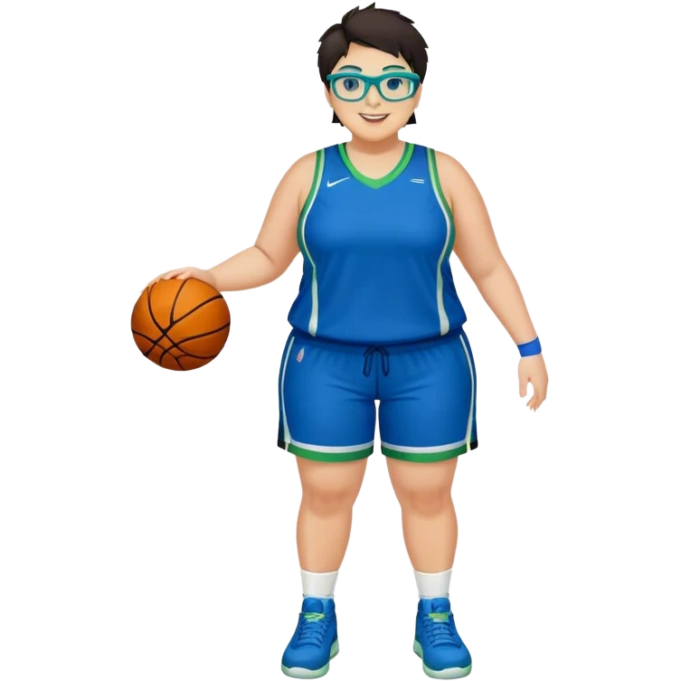 Full Body plus size white female basketball player with short dark hair with highlights spike hair wearing blue glasses  wearing blue green uniform smiling emoji