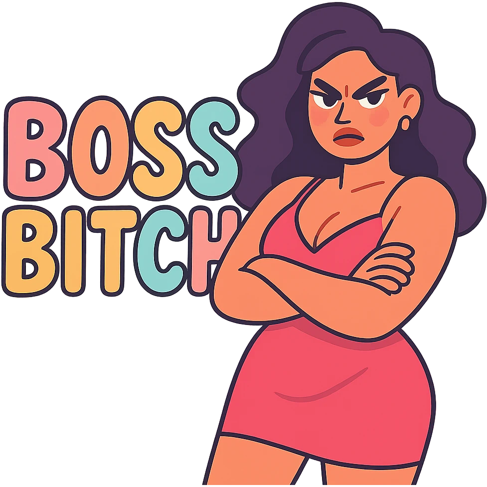 sexy, powerful woman with a fierce expression, 'Boss Bitch' in pastel colors emoji