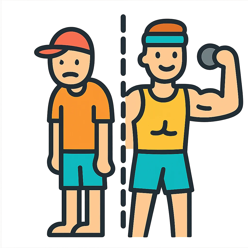 in the picture is devided in to two parts, at the first the sportsman is weak and lazy, but at the second picture the same sportsman is very strong because he doing a workout regularly emoji