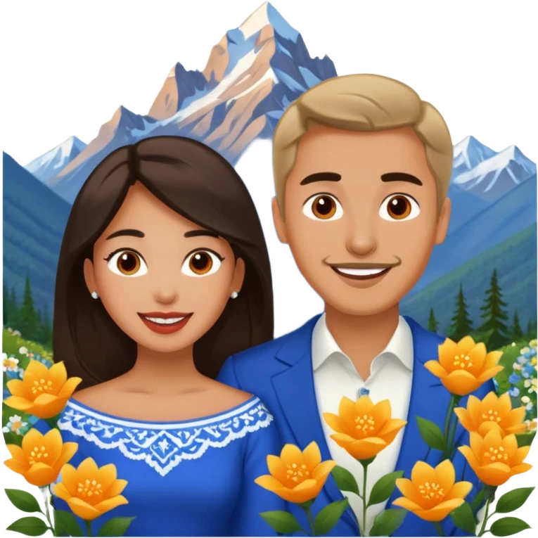 Excited Couple traveling  russian man and elegant  Latina girl delicate flowers and mountains in the background  emoji