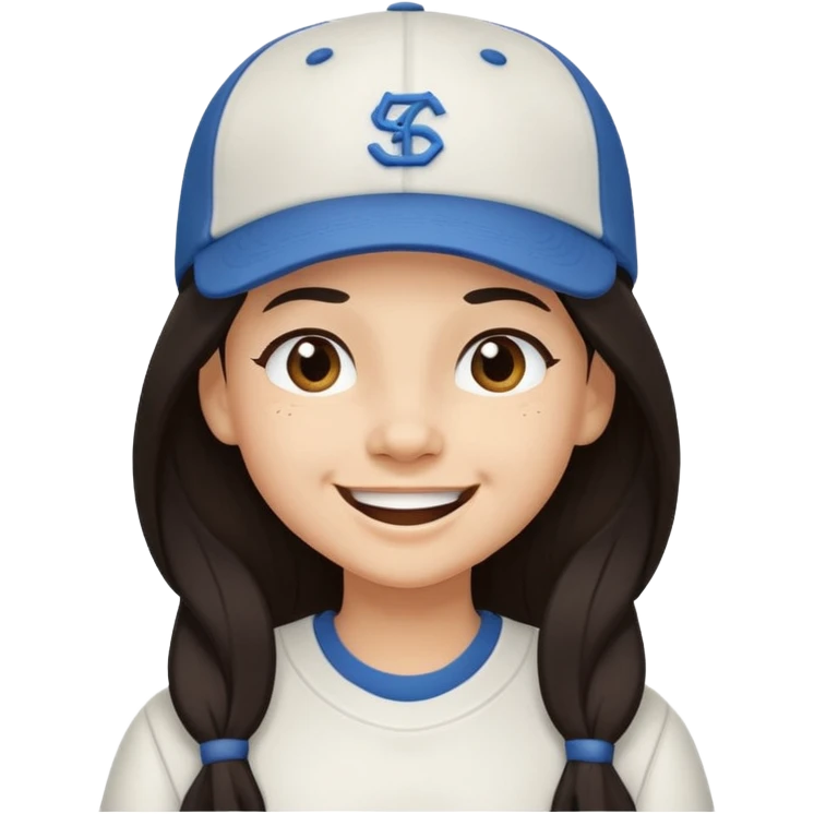 Digital illustration of a cartoon character with a big smile on its face and winking. The character has long dark hair and is wearing a white baseball cap and casual clothes. The overall style of the illustration is cute and playful. emoji