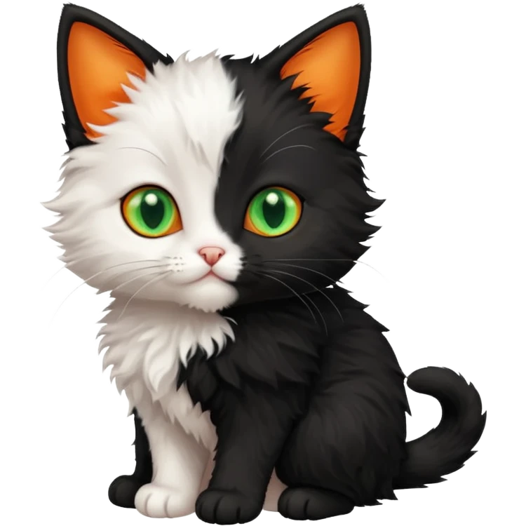 Black kitten with green eyes with small white kitten with orange spots and blue eyes adorable cute tiny  emoji