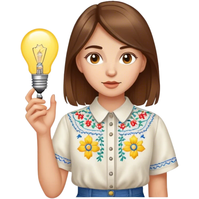 A Ukrainian girl with brown hair in an embroidered shirt holds a light bulb emoji
