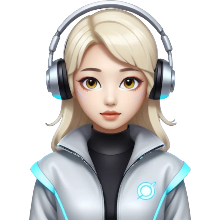 Korean Techno Dj girl with futuristic outfit, glowing effects emoji