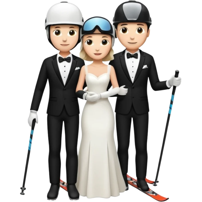 a recently marries couple skiing, ski helmet on in wedding dress and tux emoji