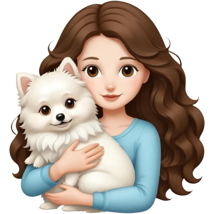 White female with long wavy brunette hair hugging cute white pomeranian emoji