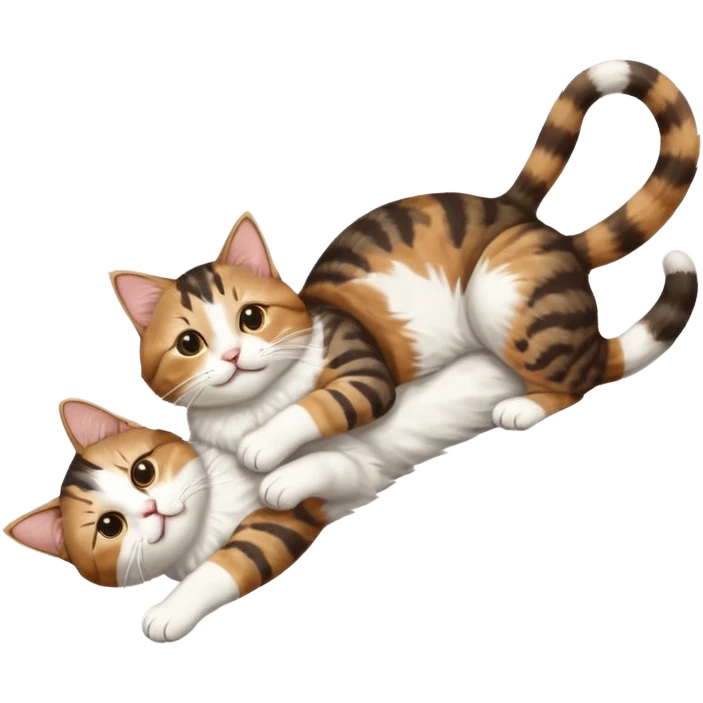 brown tabby and white cat with doing a big extremely long stretch reaching up into the air with arms and legs side by side together straight and overextended whilst lying on its side emoji