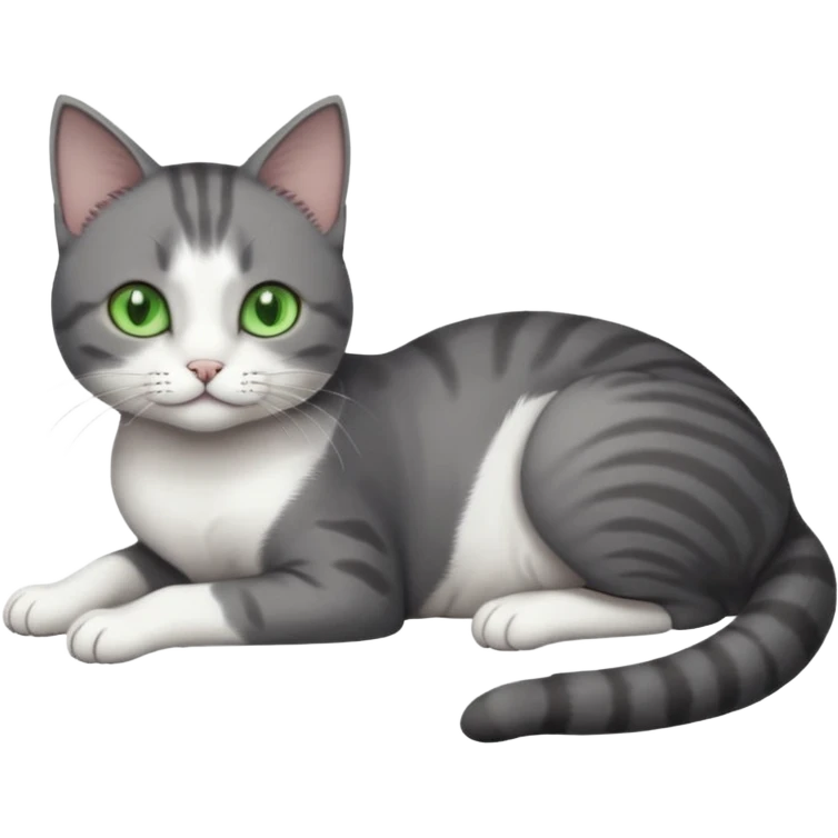 full body tiny short hair dark grey and white cat with white front legs and green  eyes lying down emoji