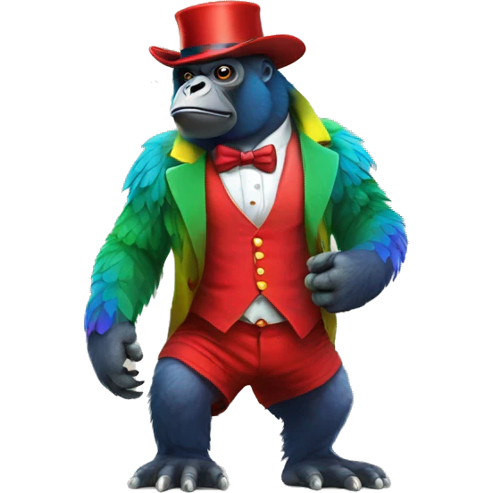 Rainbow parrot gorilla with no legs with a tophat and a 6 pack, wearing red shorts emoji