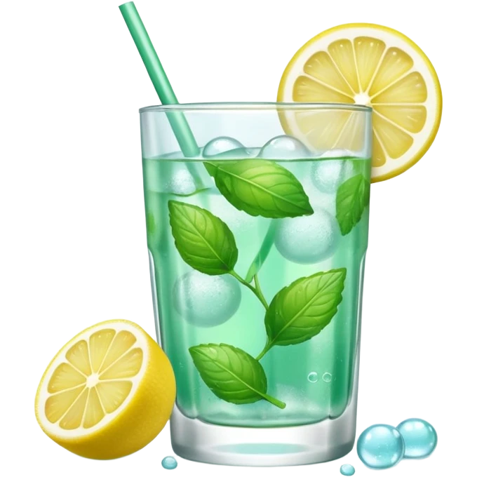 A 3D cartoon transparent glass with sparkling lemon mint drink, bubbles, mint leaves and lemon slice, clear ice, realistic condensation, Memoji-style detail. emoji