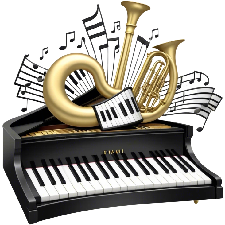 Create an elegant and festive emoji collage representing keyboard instruments, styled like a heraldic emblem. The design should feature a central focal point of black and white piano keys, arranged in a semi-circular or shield-like shape. Around the piano keys, add intertwining musical notes that form flowing ribbons, creating a dynamic and celebratory atmosphere. The design should be professional, with polished silver and gold accents on the keys and notes, highlighting the luxury and sophistication of the instruments. Add subtle shading and lighting effects to give the design a refined, 3D appearance. The background should remain transparent, and the overall feel should evoke grandeur, artistry, and a sense of celebration. emoji